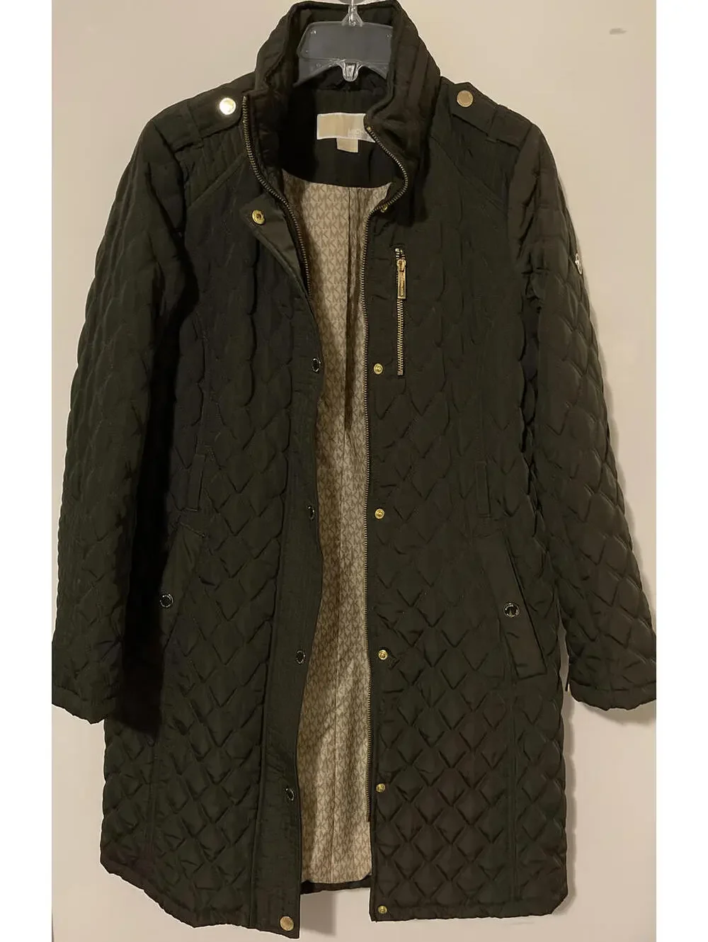 Michael Kors Womens Small Olive Green Long Full Zip/Button Quilted Coat! M102